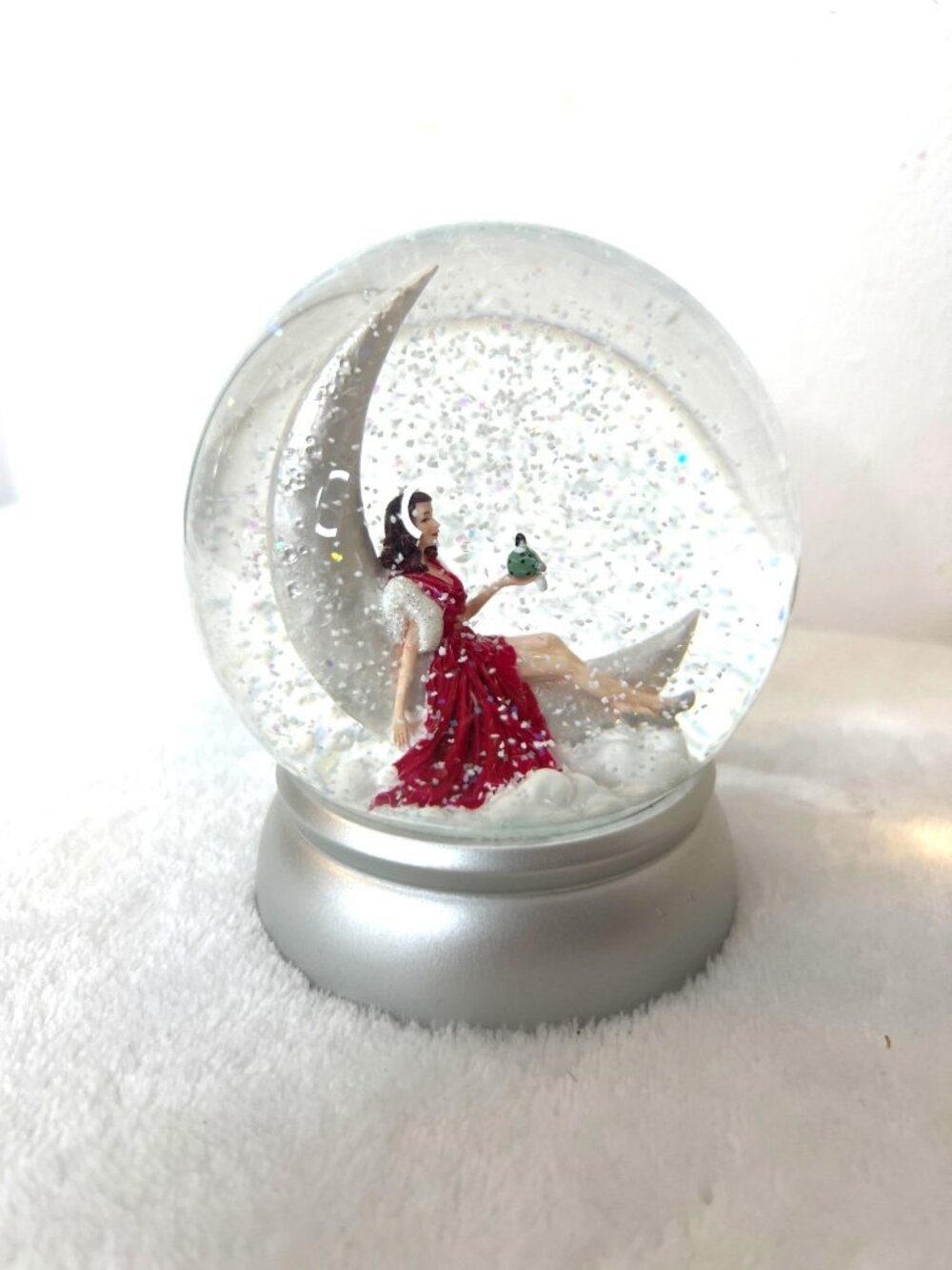 Nordstrom Snow Globe 2007 Once upon a Holiday Lady Red Dress Moon Bird Celestial